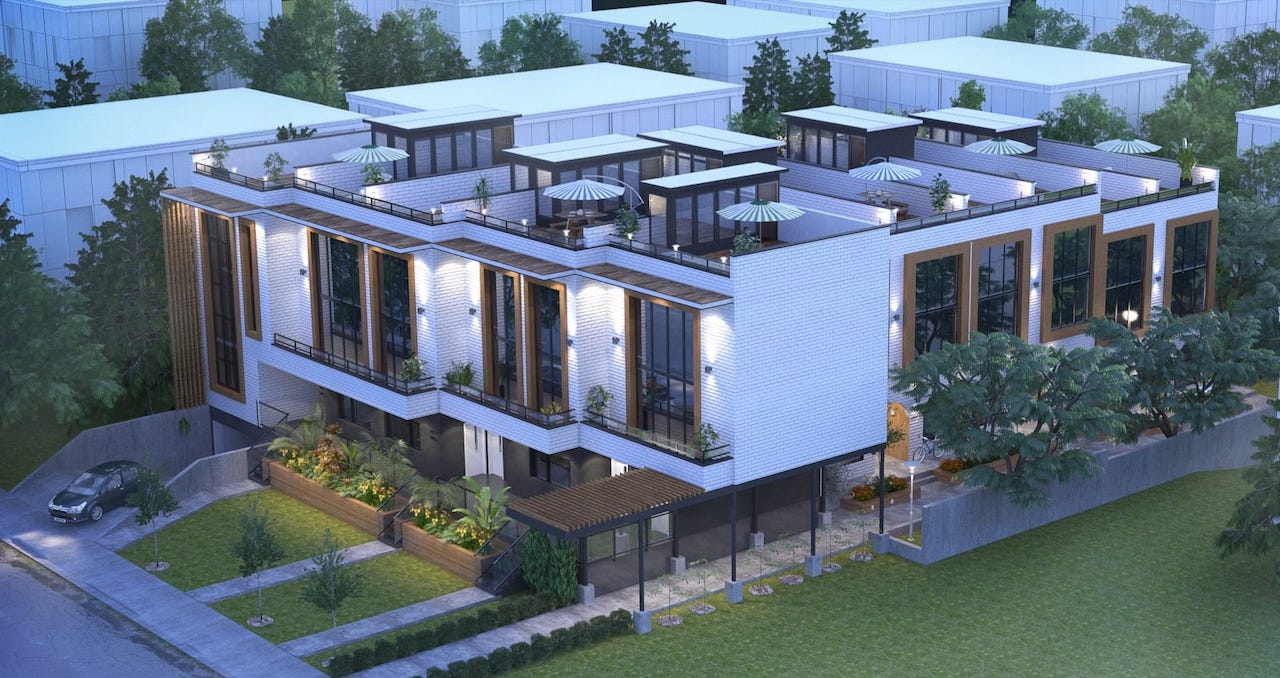 Side-view exterior rendering of Preeminent Lakeshore townhouses.
