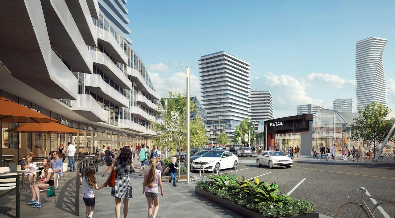 Exterior rendering of Promenade Park Towers shopping area.