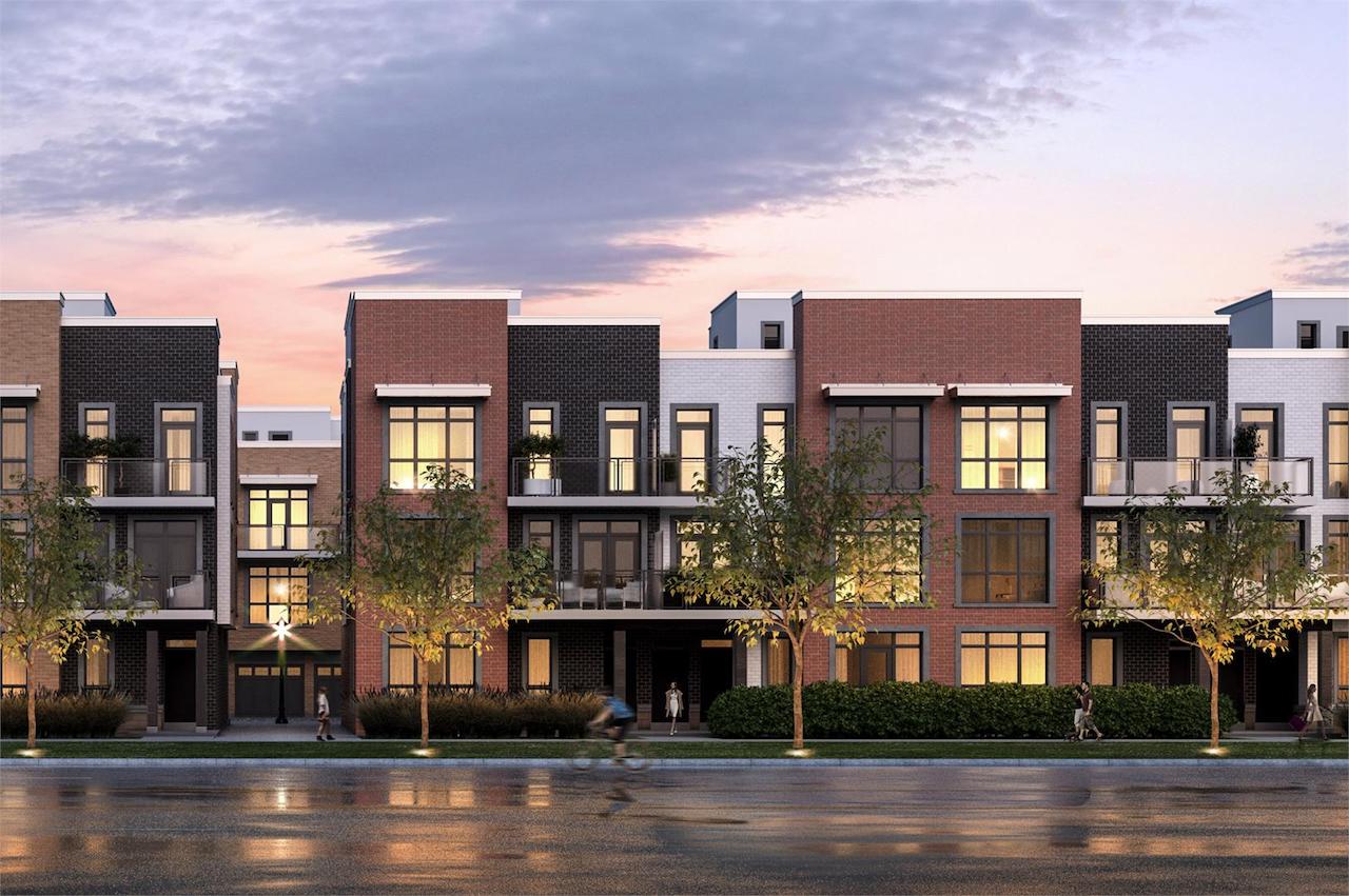 Exterior rendering of The Bond towns street-facing view at dusk.
