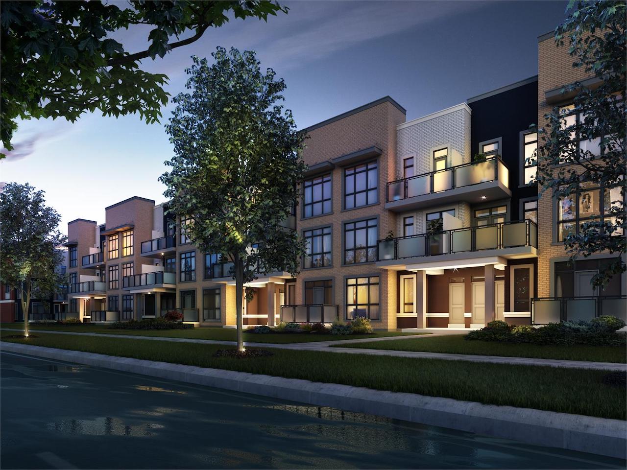Exterior rendering of The Bond towns street-facing view at night.