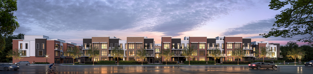 Exterior rendering of The Bond towns front view at dusk.