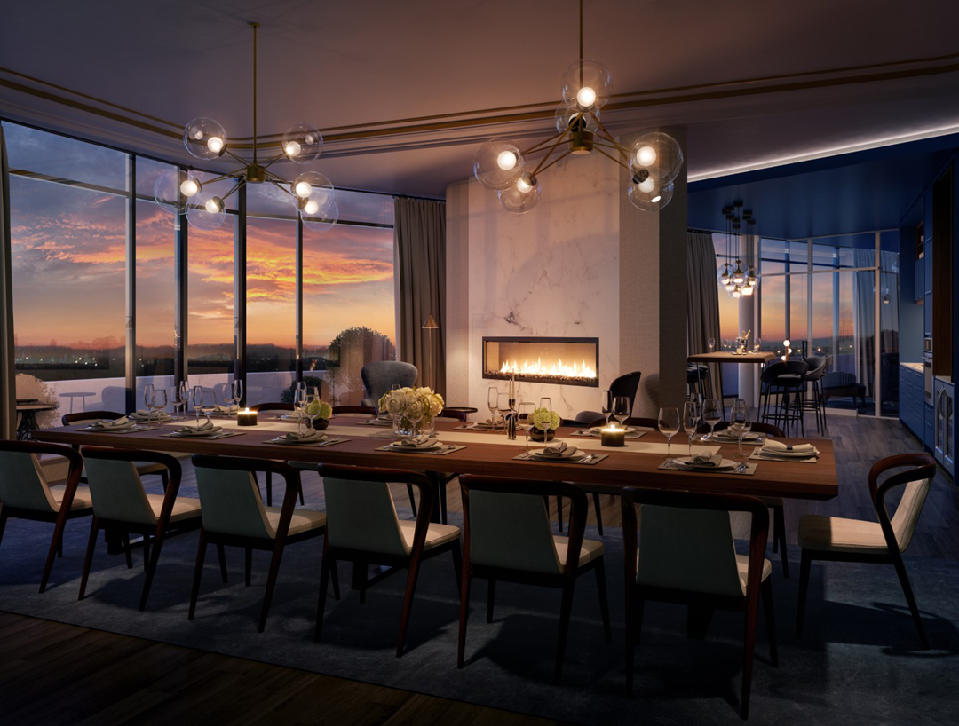 Rendering of The Mackenzie Condos party room at night.
