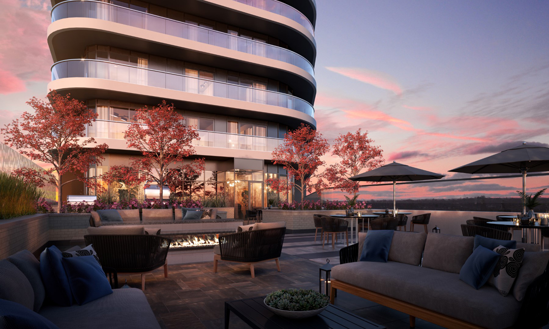 Rendering of The Mackenzie Condos outdoor terrace at dusk.