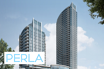 Exterior rendering of Perla Towers with logo overlay.
