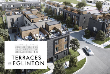 Exterior rendering of Terraces at Eglinton Townhomes with logo overlay.
