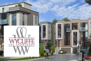 Exterior rendering of the Wycliffe Promenade Towns with logo overlay.