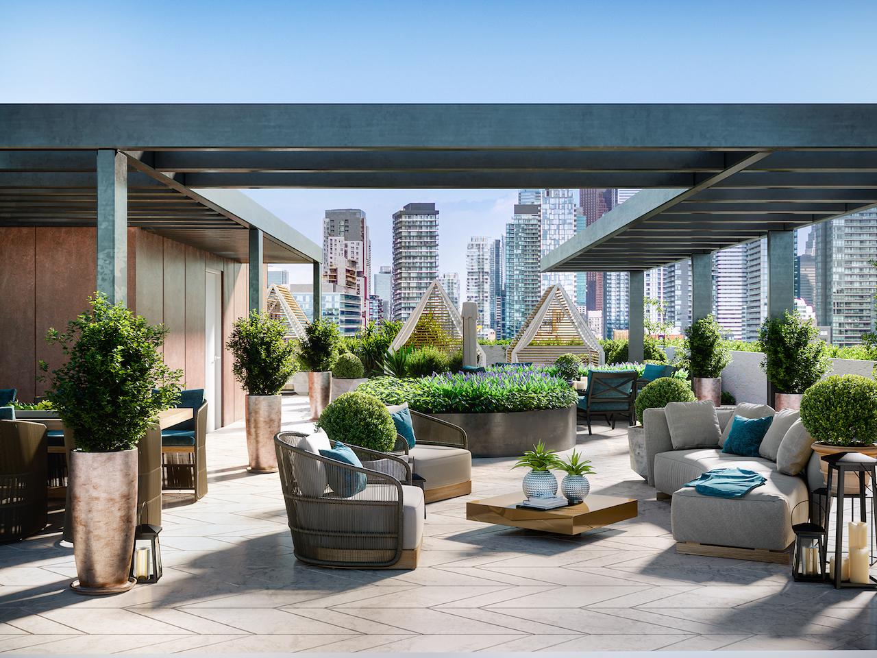 Rendering of 123 Portland Condos rooftop terrace with seating and greenery.