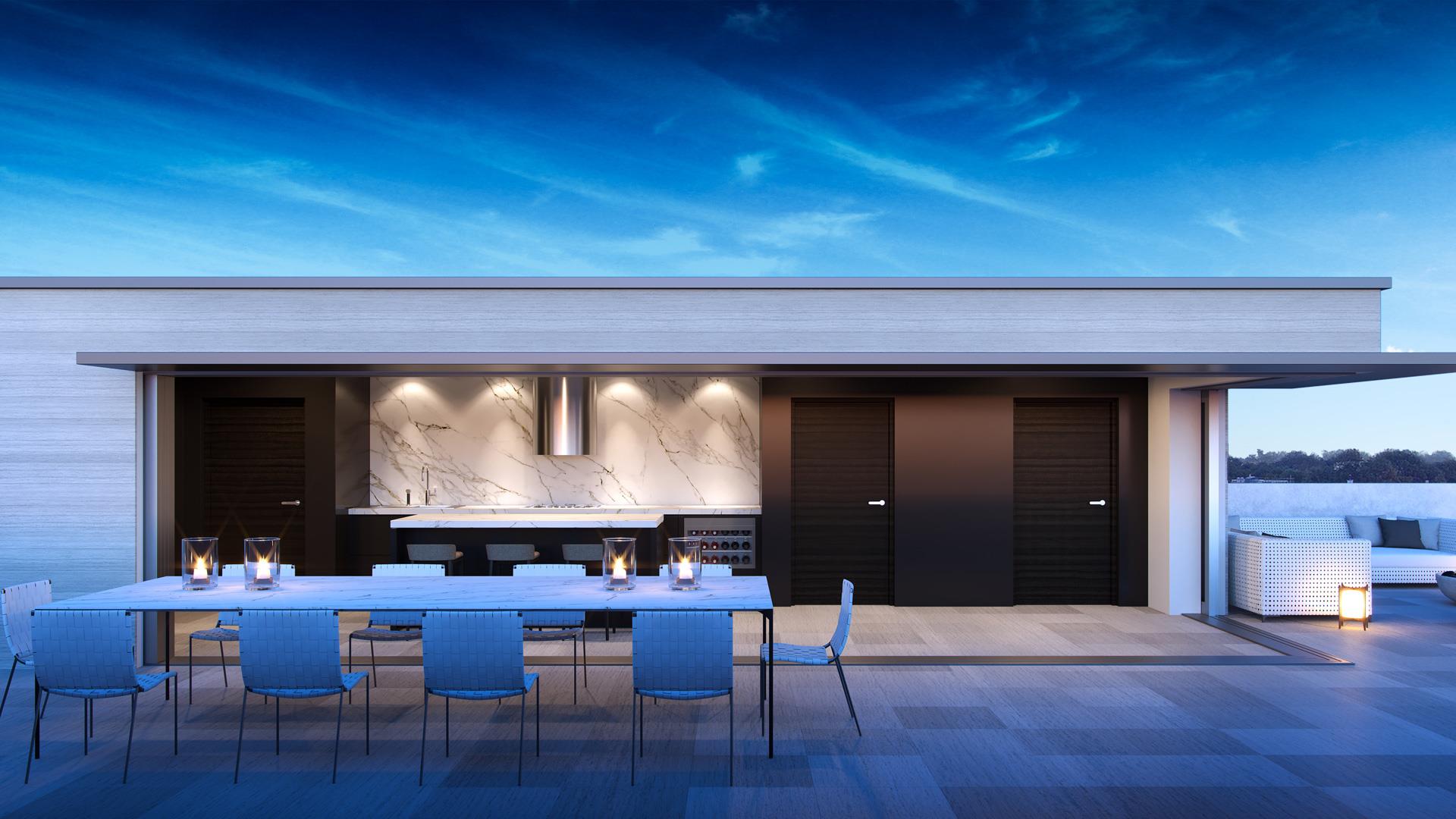 Exterior rendering of 469 Spadina Homes rooftop dining.
