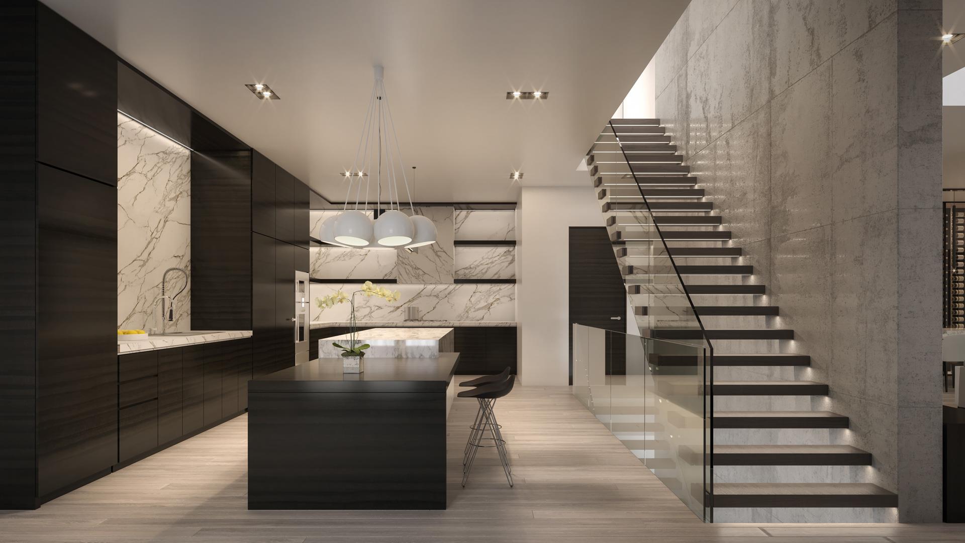 Rendering of 469 Spadina Homes interior kitchen and staircase.