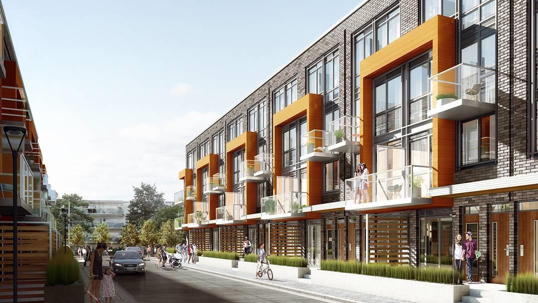 Exterior rendering of 75 Curlew Urban Towns with street surroundings.