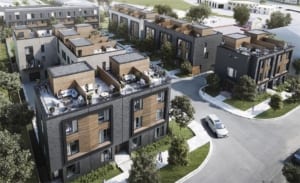 Exterior aerial rendering of Terraces at Eglinton Townhomes.