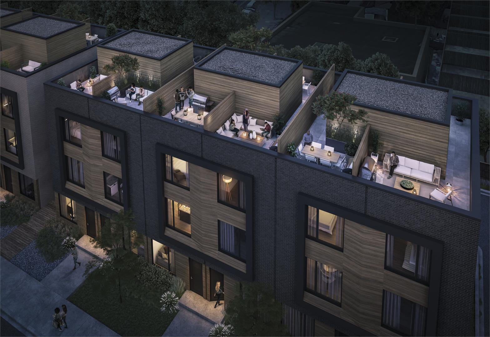 Exterior aerial rendering of Terraces at Eglinton Townhomes during the evening.
