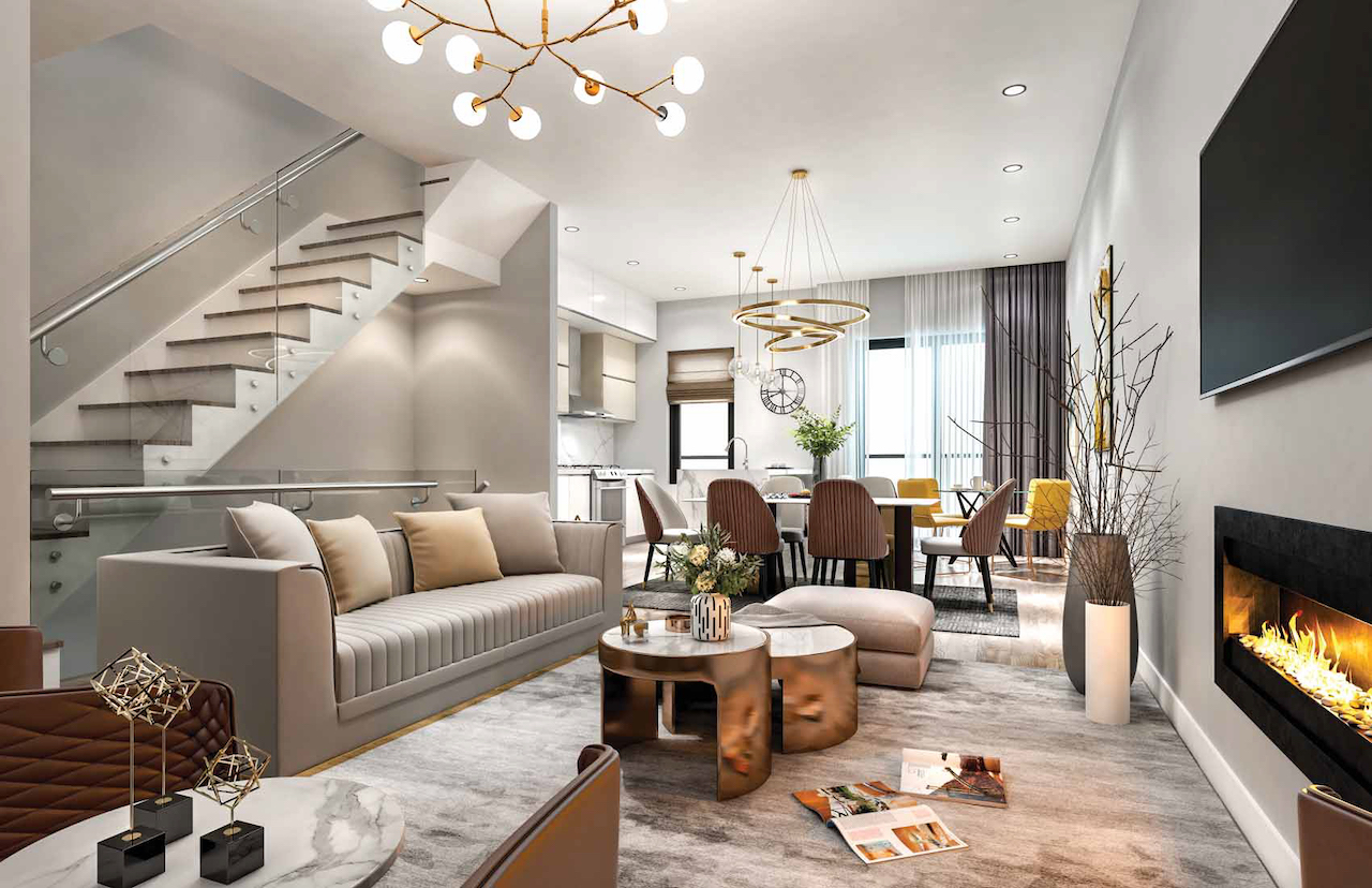 Rendering of Terraces at Eglinton interior living room with fireplace.
