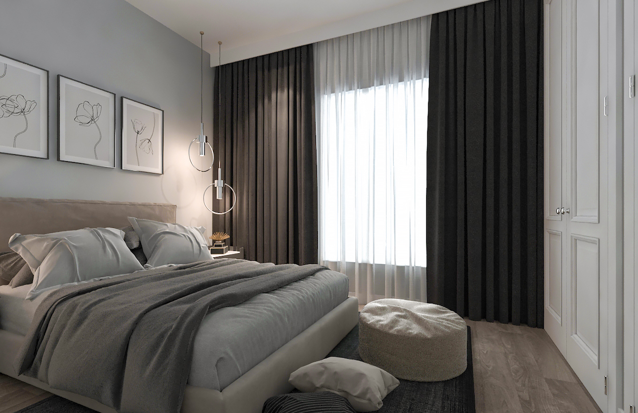 Rendering of Terraces at Eglinton interior bedroom with large windows.
