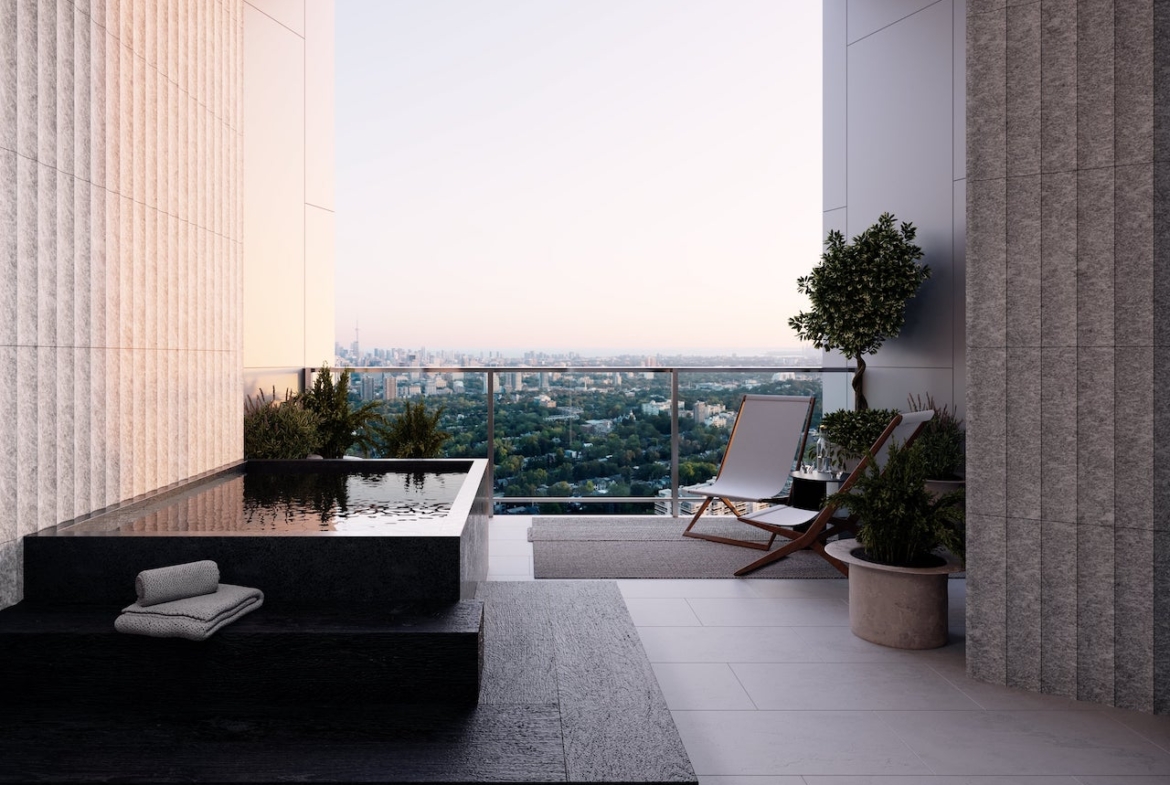 Rendering of One Delisle Penthouse exterior balcony winter garden with hot tub
