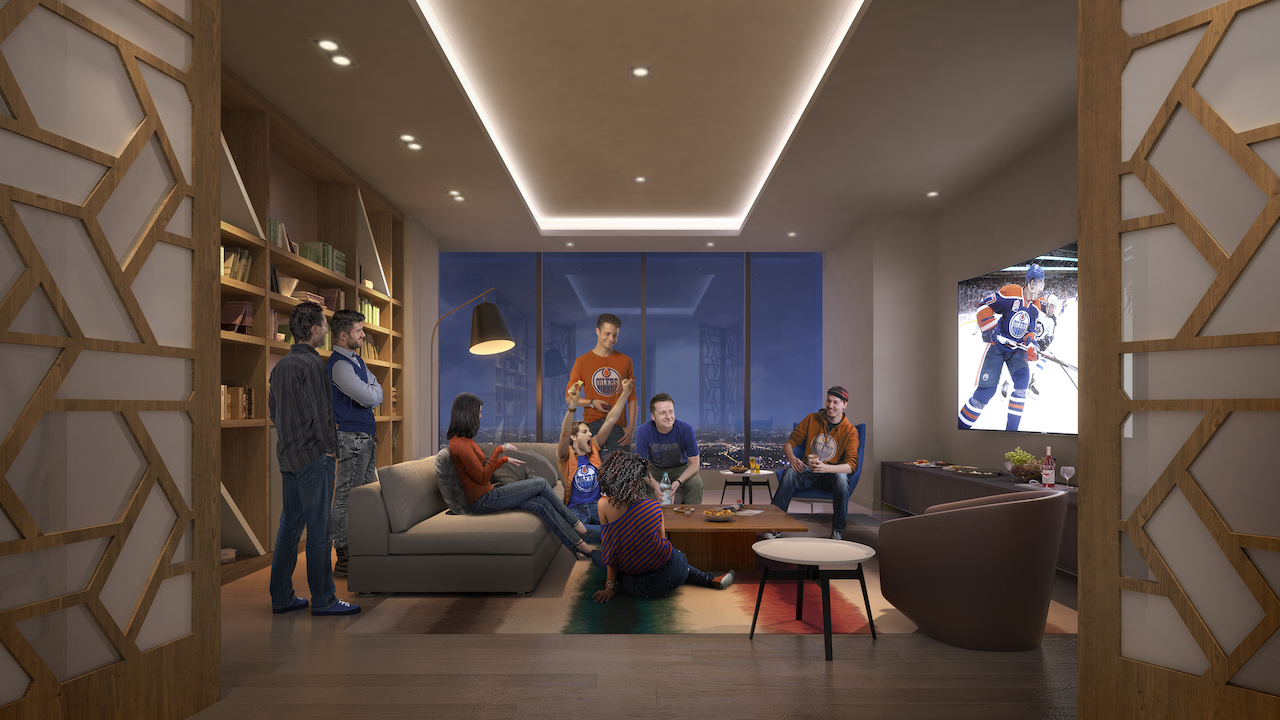 Rendering of SKY Residences at ICE District sports lounge.