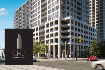 Rendering of ORO at Edge Towers with logo overlay.
