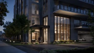 Rendering of The Forest Hill Private Residences entrance at night.