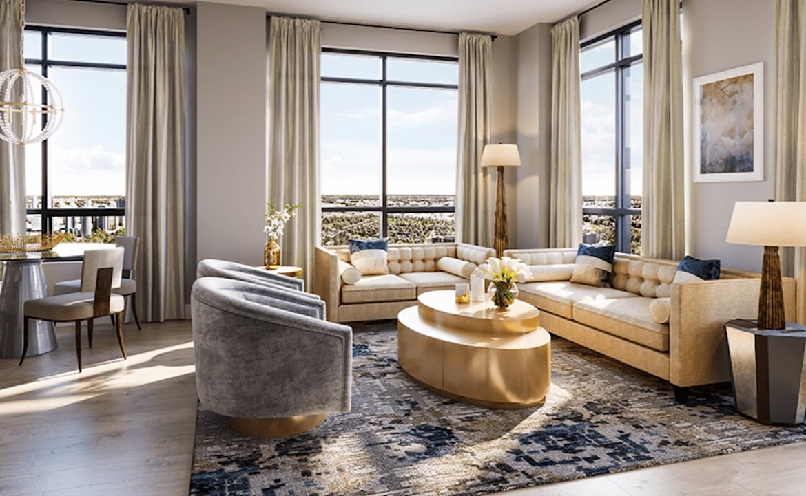 Rendering of ORO Condos penthouse moonstone living room