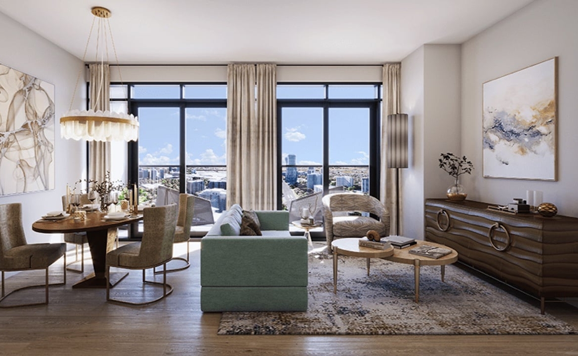 Rendering of ORO Condos penthouse tiffany stone living room