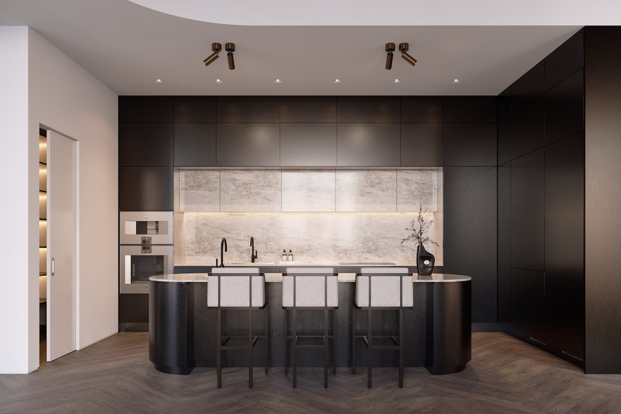 Rendering of One Delisle Penthouse interior kitchen in steel