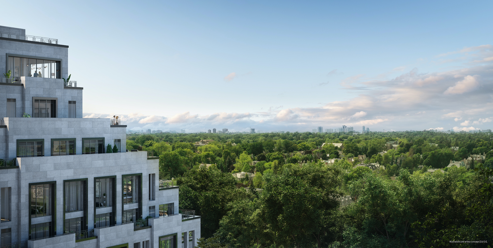 Rendering of Forest Hill Residences North terrace view during the day.