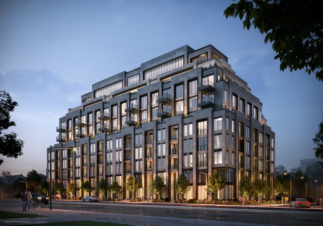 Rendering of Forest Hill Residences South West street view and full building at night.