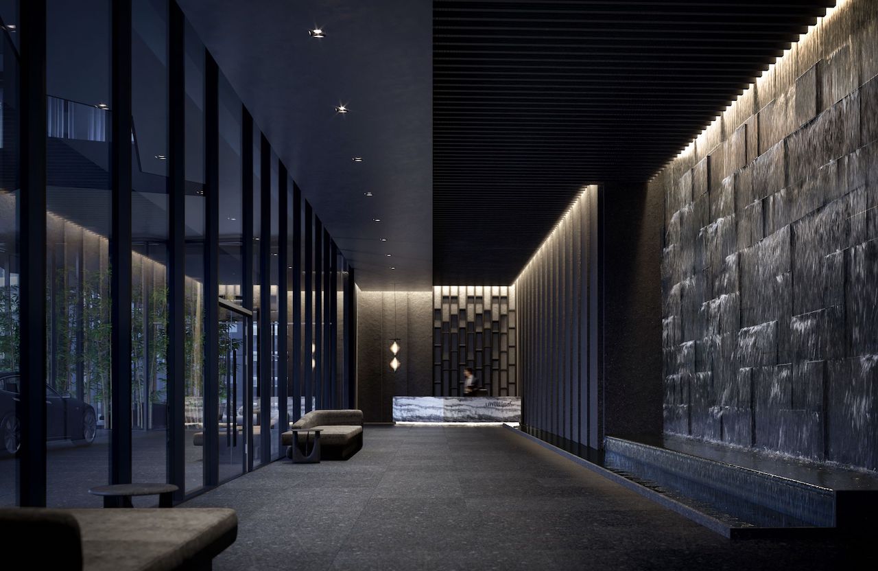 Rendering of Untitled Condos lobby at night.