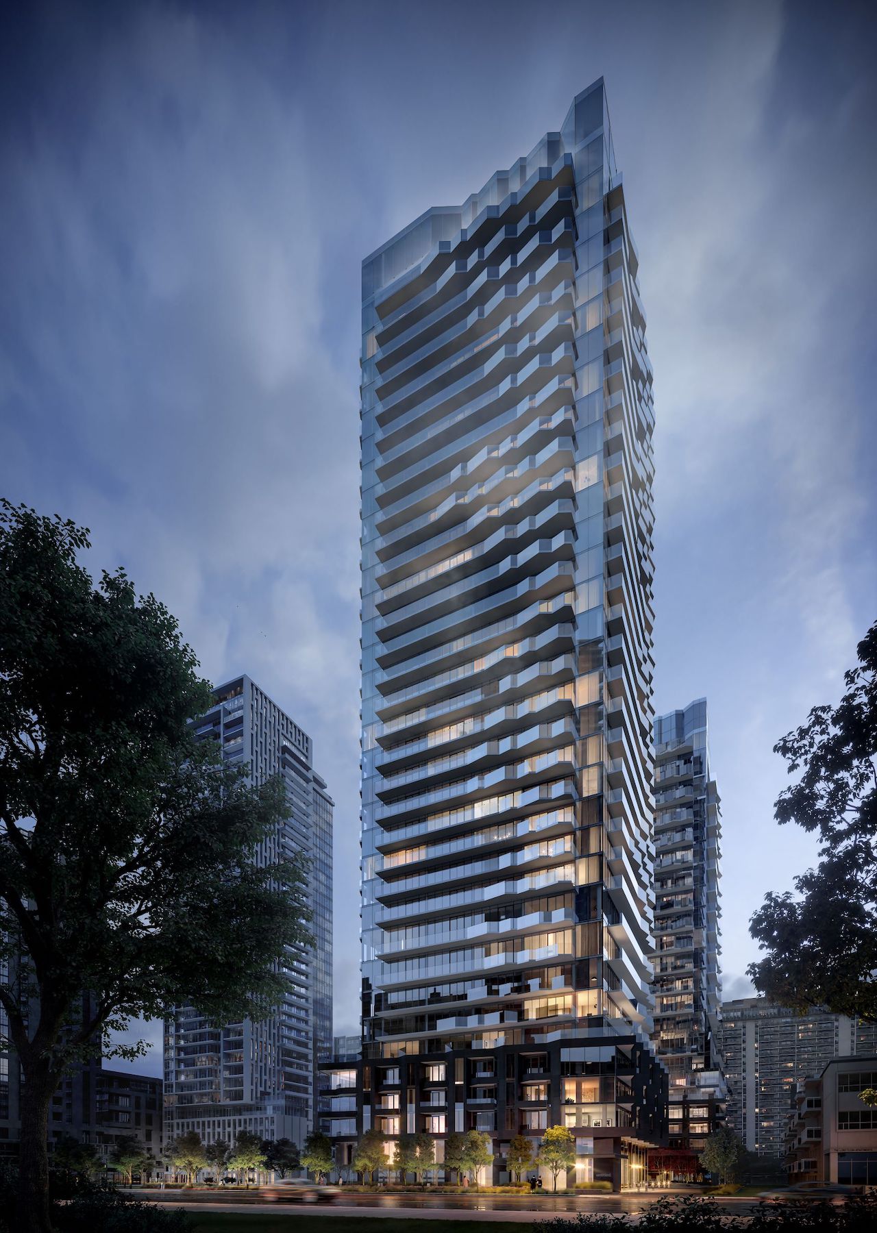 Rendering of Untitled Condos full building exterior at dusk.