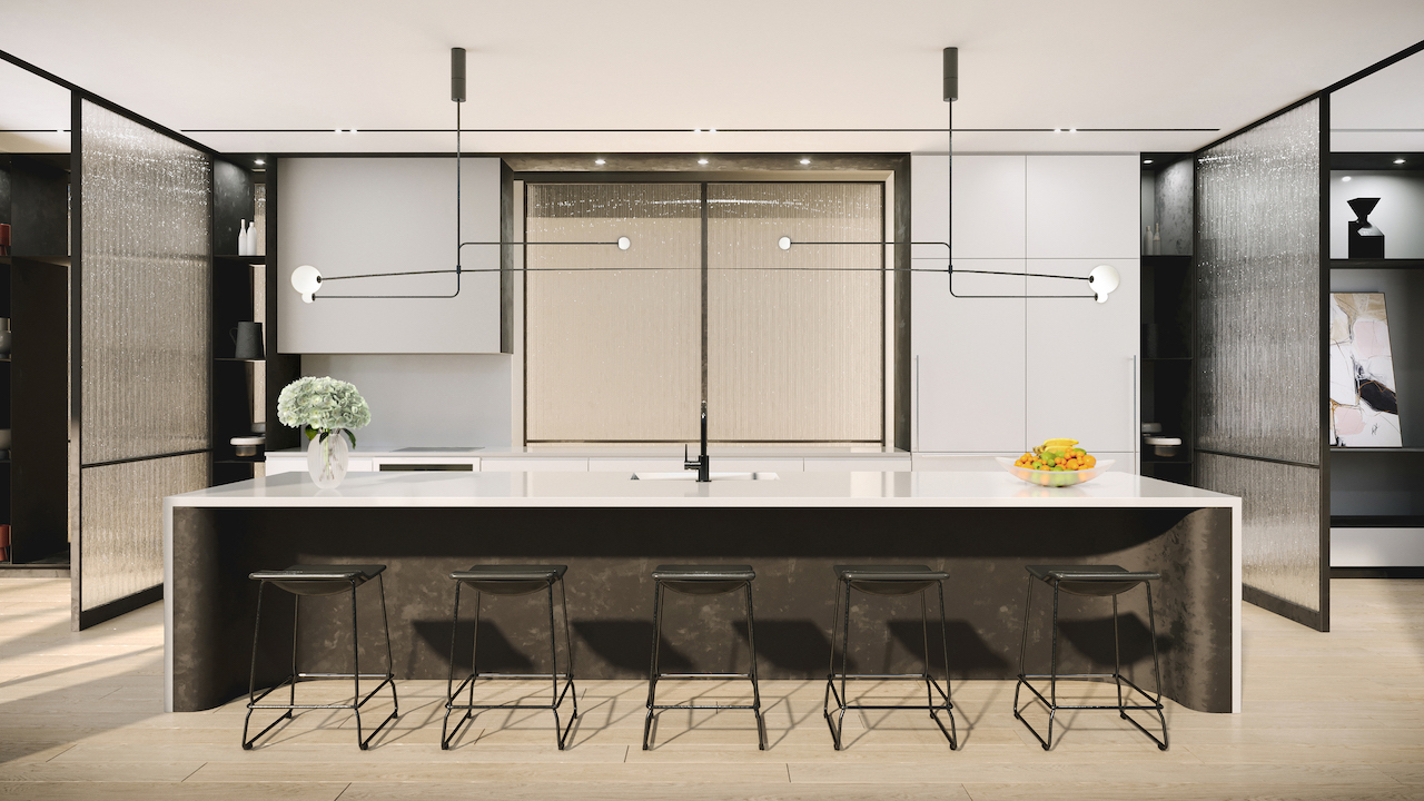 Rendering of 88 Queen Condos Party room with kitchen.