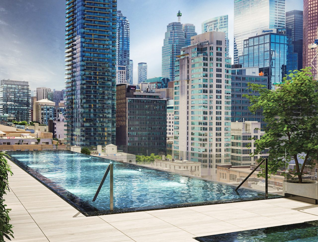Rendering of 88 Queen Condos pool with city view.