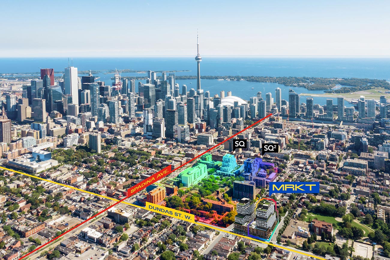 Aerial rendering of MRKT Alexandra Park Condos in Downtown Toronto.