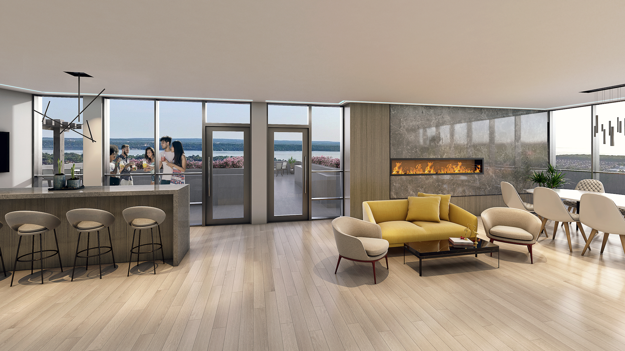 Rendering of South District Condo party room with fireplace.