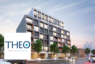 Exterior rendering of THEO Condos with logo overlay.