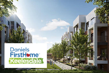 Rendering of Daniels Firsthome Keelsedale towns with logo overlay.