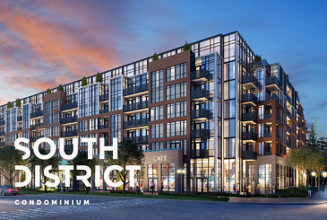 Rendering of South District Condo exterior with logo overlay.