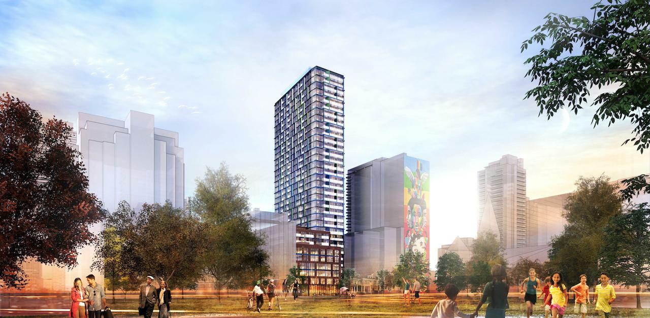 Exterior rendering of 308 Jarvis Condos and surrounding park area.