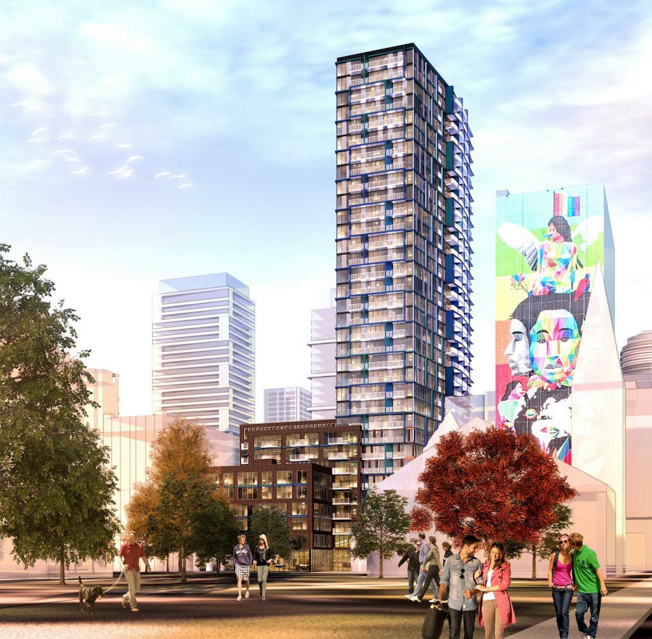 Exterior rendering of 308 Jarvis Condos with community and art.