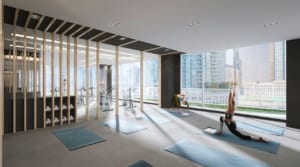 Rendering of One Yonge SkyTower fitness centre with yoga.