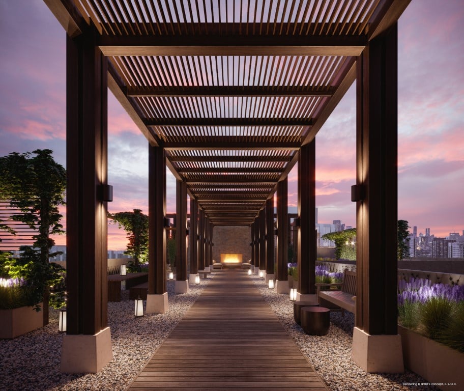 Rendering of Canary House Condos outdoor terrace in the evening