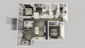 Rendering of Era Condos suite interior 2 bedroom dollhouse.