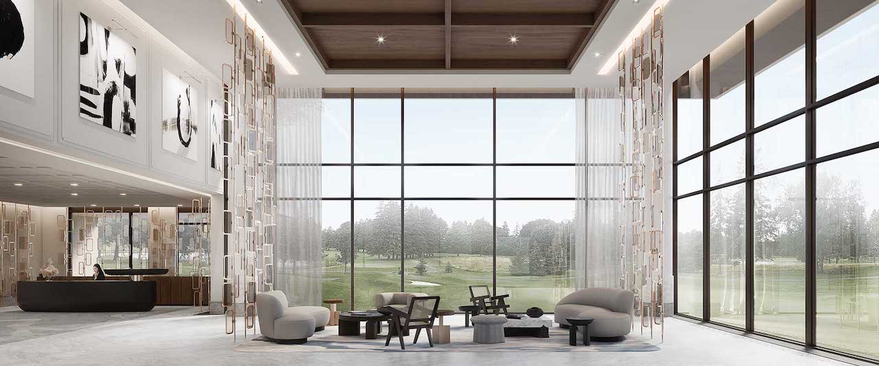 Rendering of Royal Bayview Condos lobby with large windows.