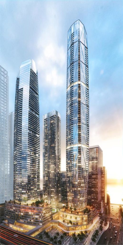 Exterior rendering of SkyTower and Prestige condos in Toronto.
