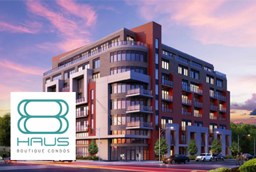 Rendering of 8 Haus Boutique condos with logo overlay.