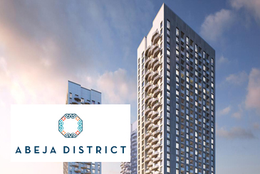 Rendering of Abeja District Condos with logo overlay.