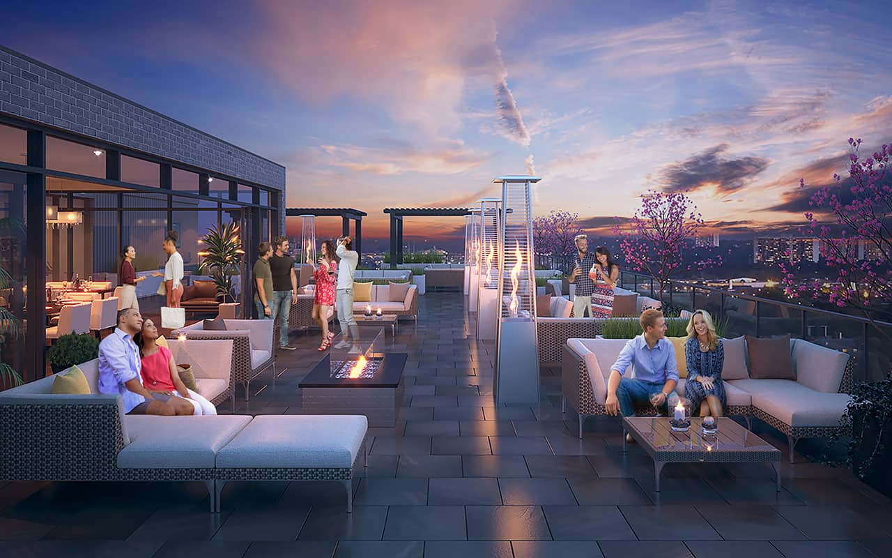 Exterior rendering of 8 Haus Boutique condos rooftop terrace at dusk.