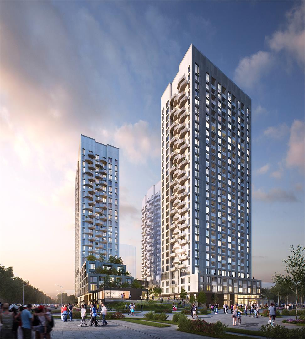 Full exterior rendering of 2 Abeja District Condos towers at dusk.