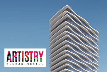 Rendering of Artistry Condos with logo overlay.