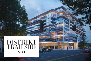 Rendering of Distrikt Trailside 2.0 Condos at night with logo overlay.