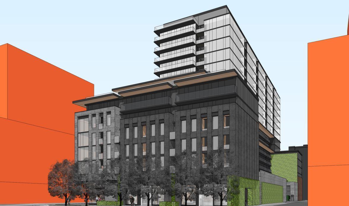 Exterior front and side rendering of 85 Dundas Street West Condos.